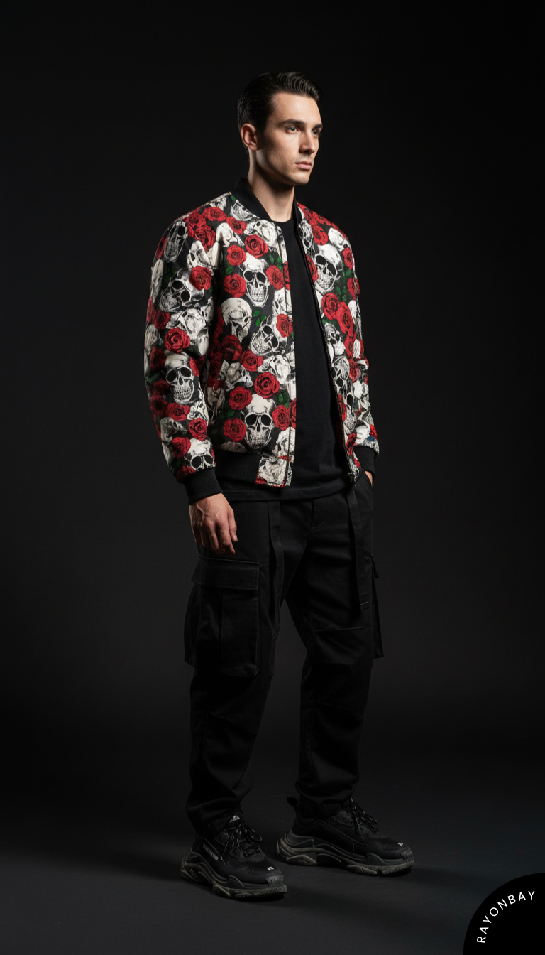 Red Rose & Skull Unisex Bomber Jacket