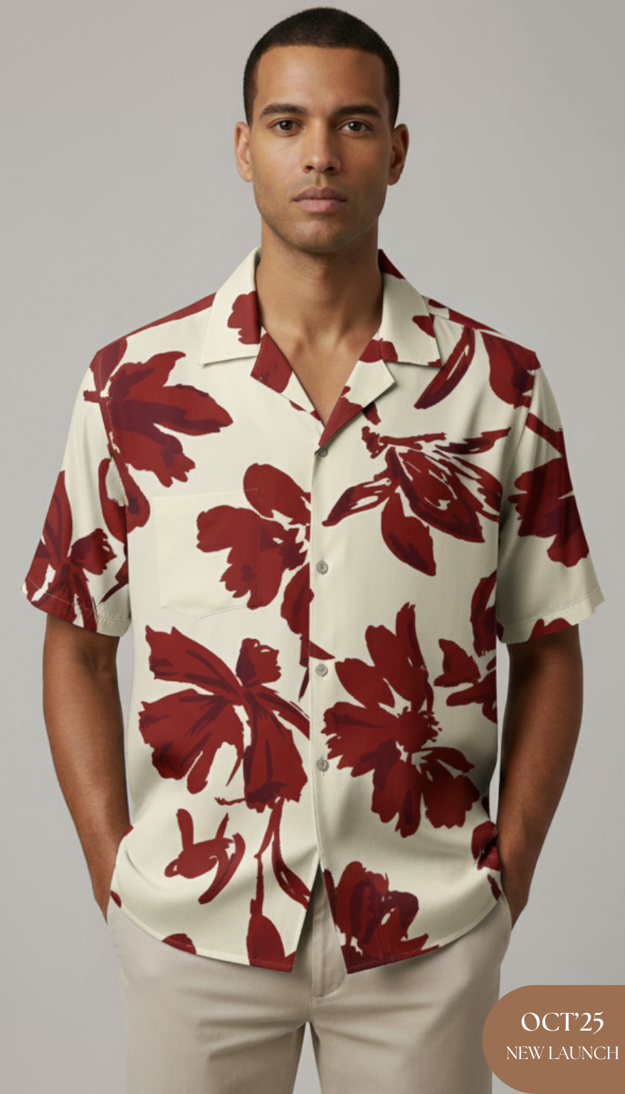 Cream & Red Floral Art Aloha Shirt
