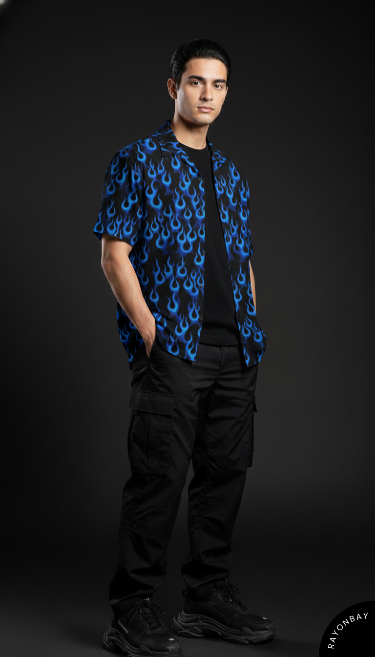 Blue Flame Print Aloha Shirt
