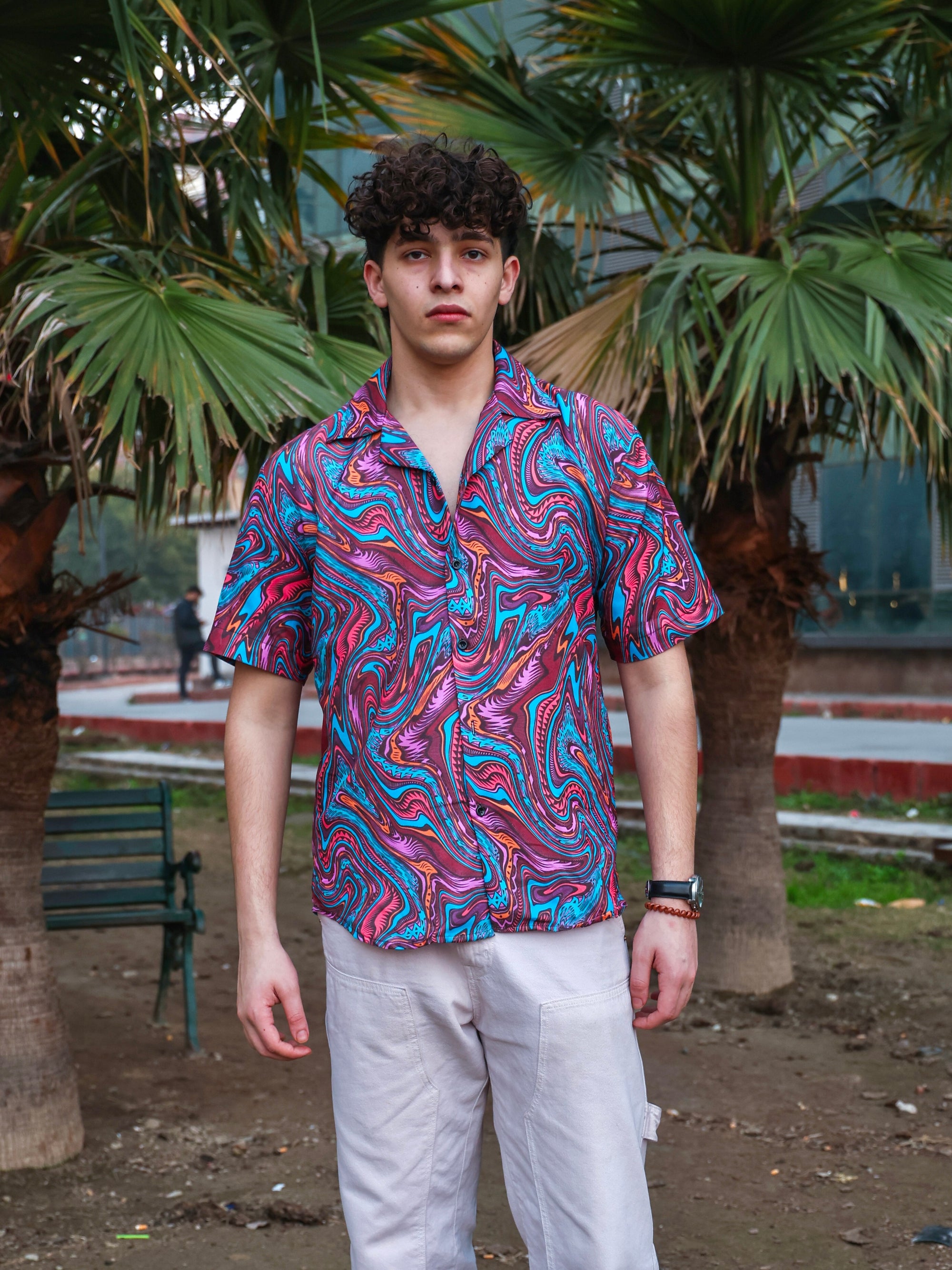 COLOURFUL LIQUID ART PATTERN ALOHA SHIRT