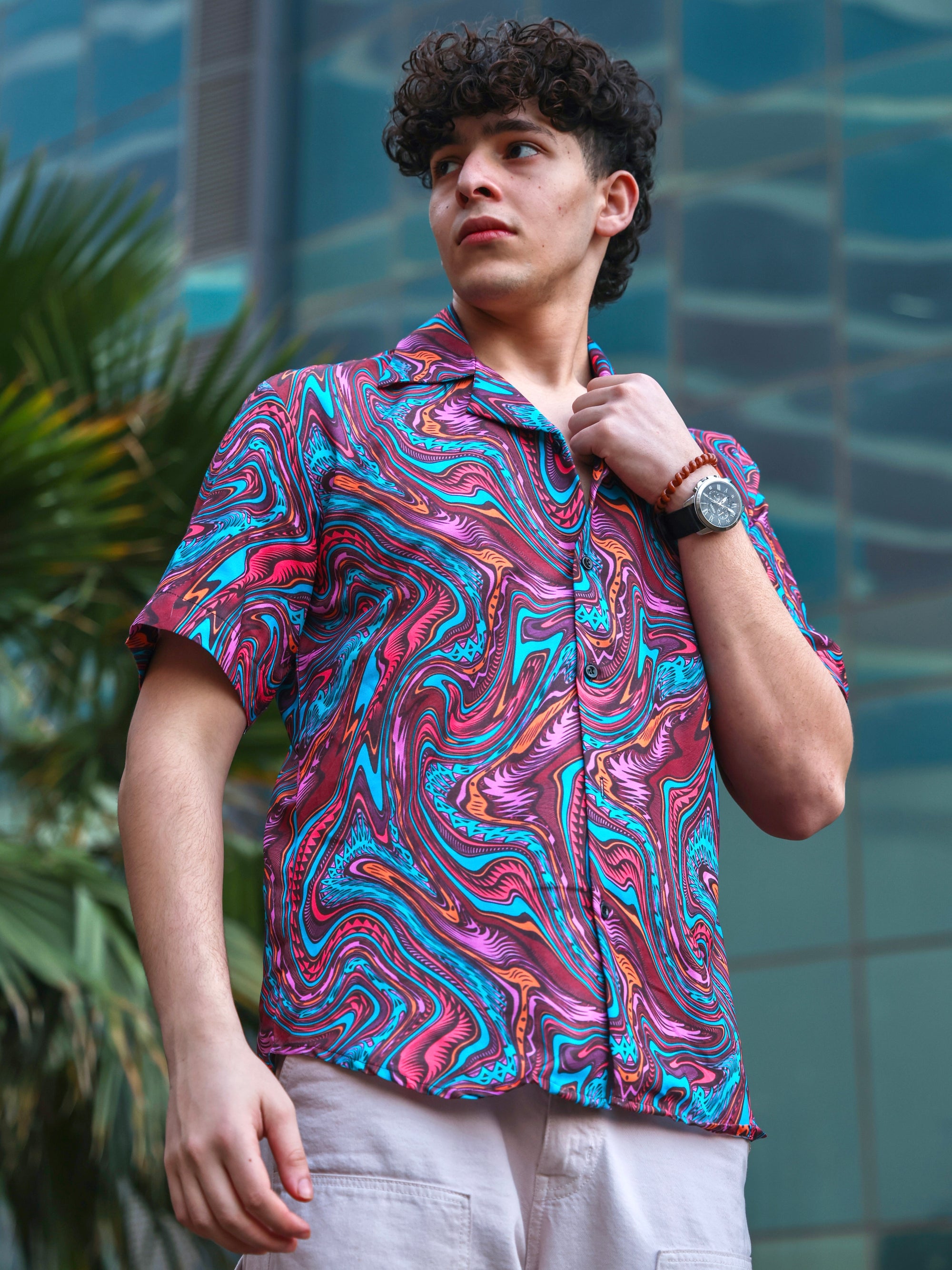 COLOURFUL LIQUID ART PATTERN ALOHA SHIRT