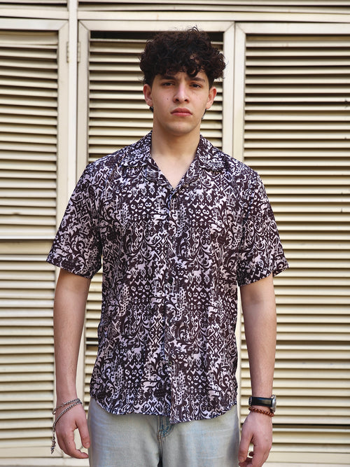 BLACK & WHITE ETHNIC PRINT ALOHA SHIRT