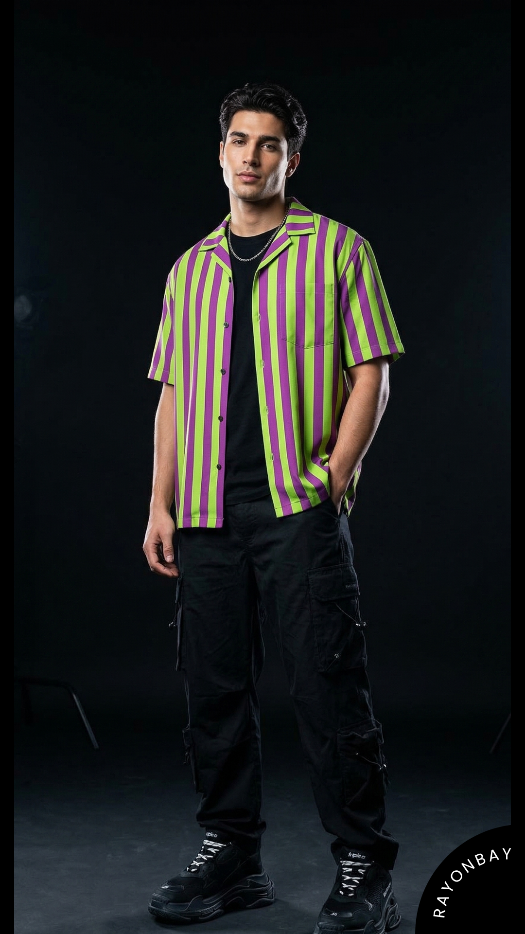 Cyber-Neon Stripe Aloha Shirt