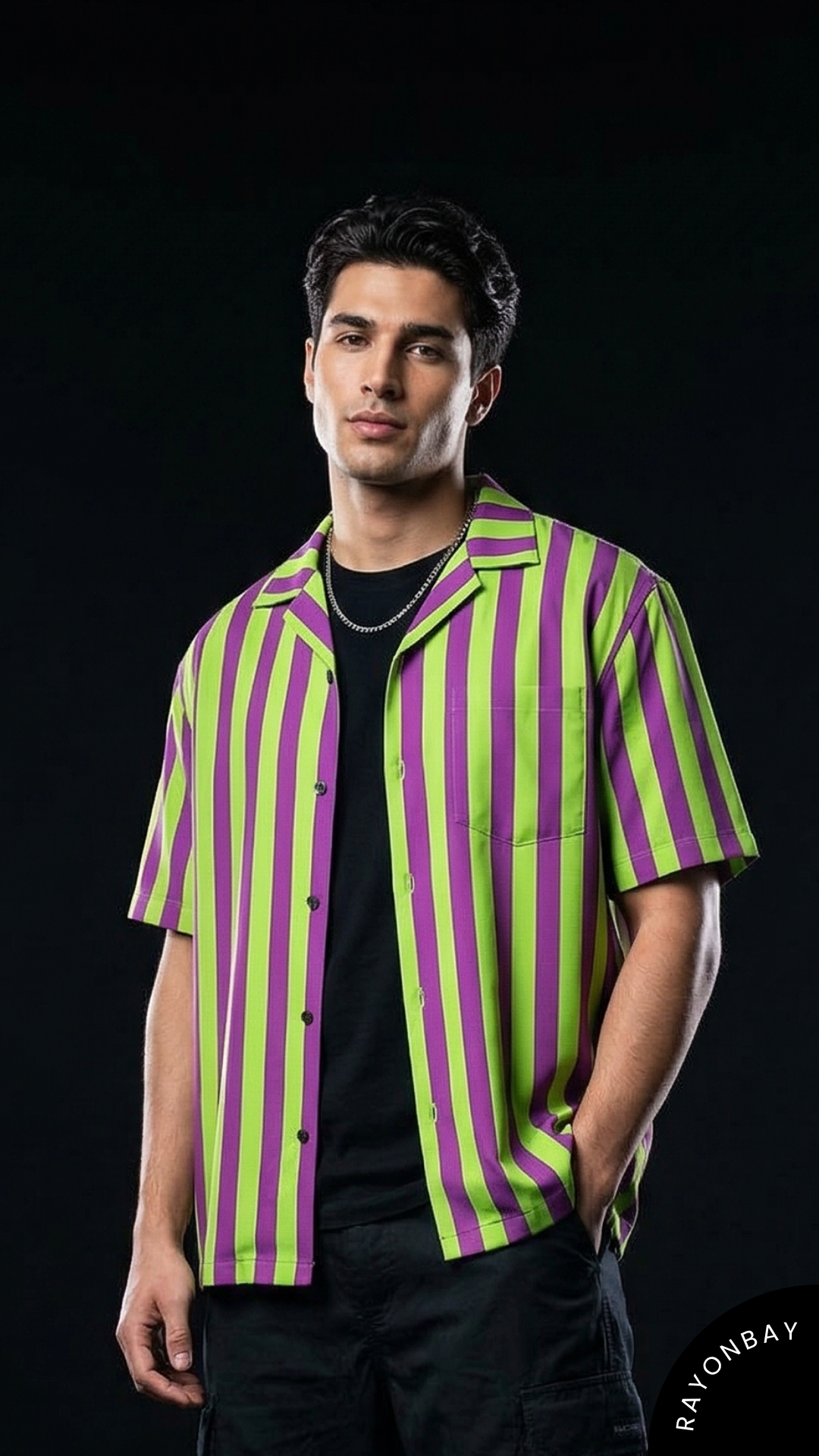 Cyber-Neon Stripe Aloha Shirt