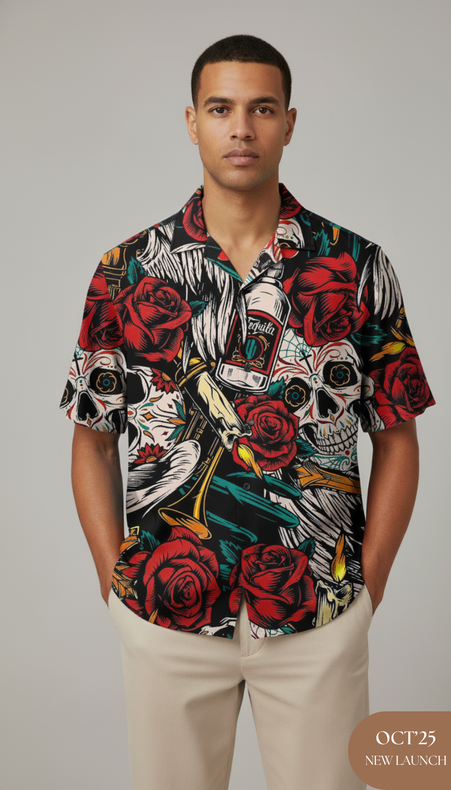 Rose & Skull Print Aloha Shirt