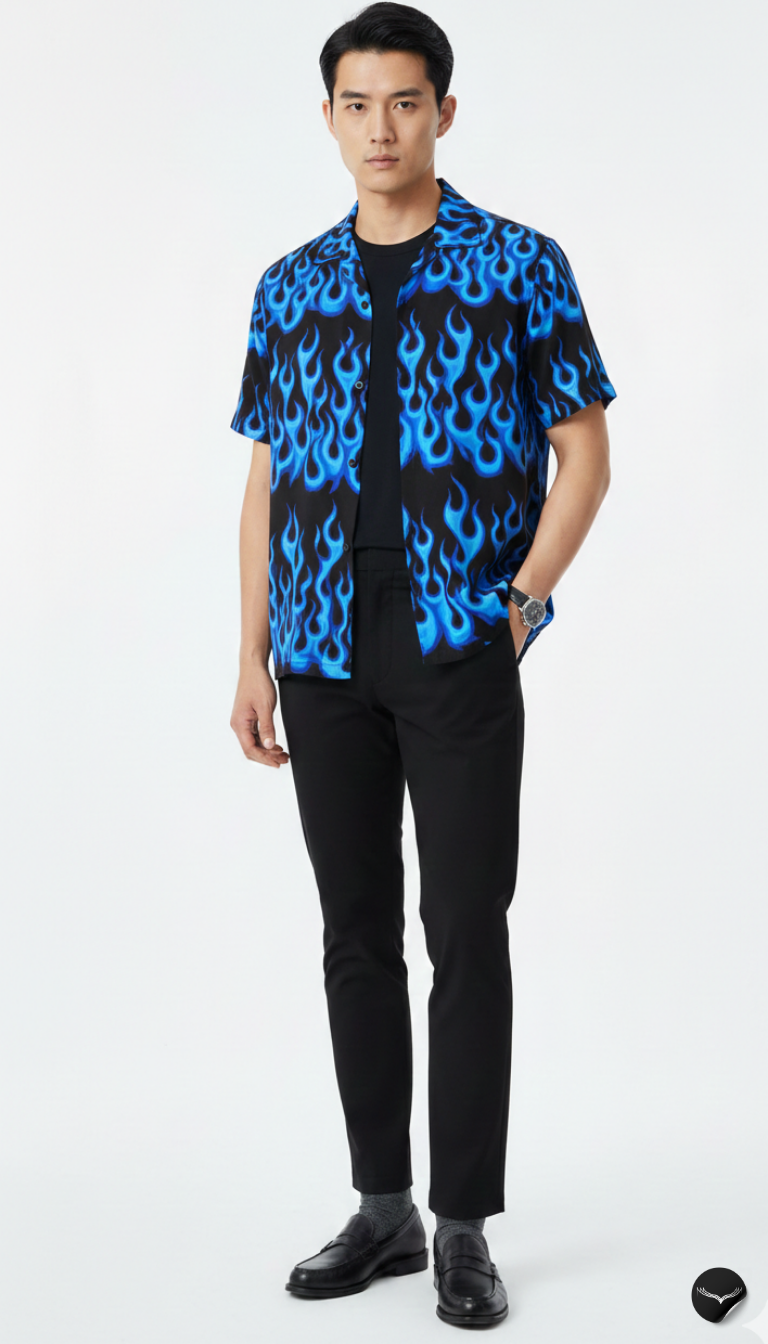 Blue Flame Print Aloha Shirt