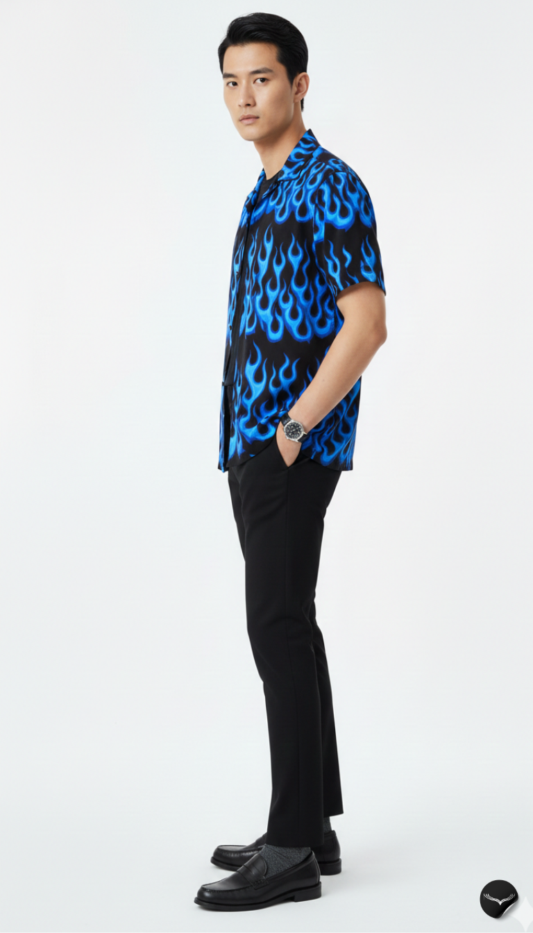Blue Flame Print Aloha Shirt
