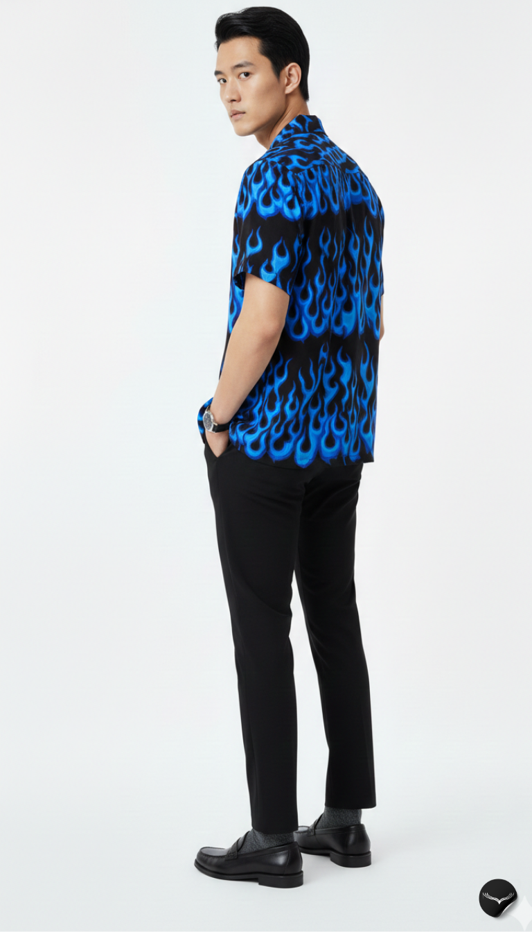 Blue Flame Print Aloha Shirt