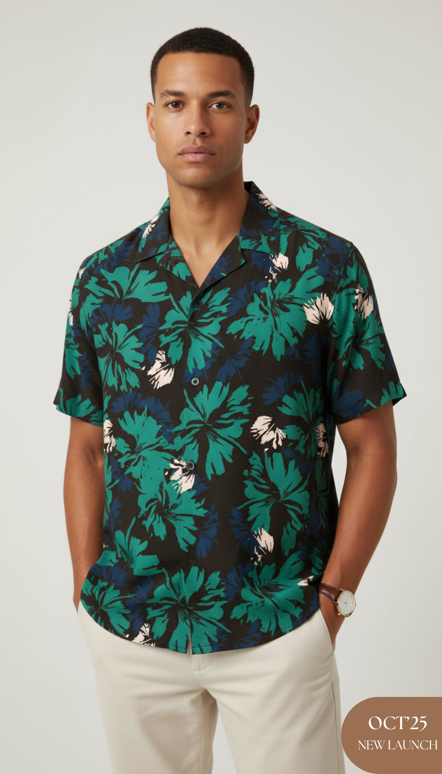Dark Black & Green Floral Printed Aloha Shirt