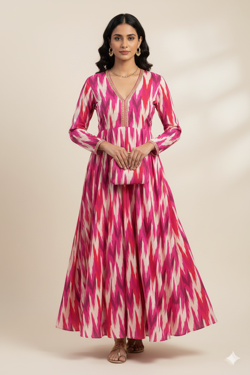 Magenta Ikat Chevron Print Fabric