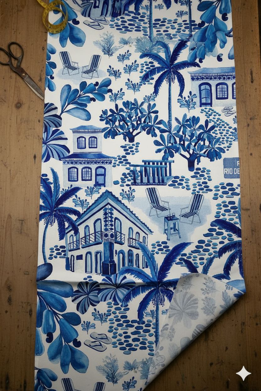 White & Blue Rio Print Fabric