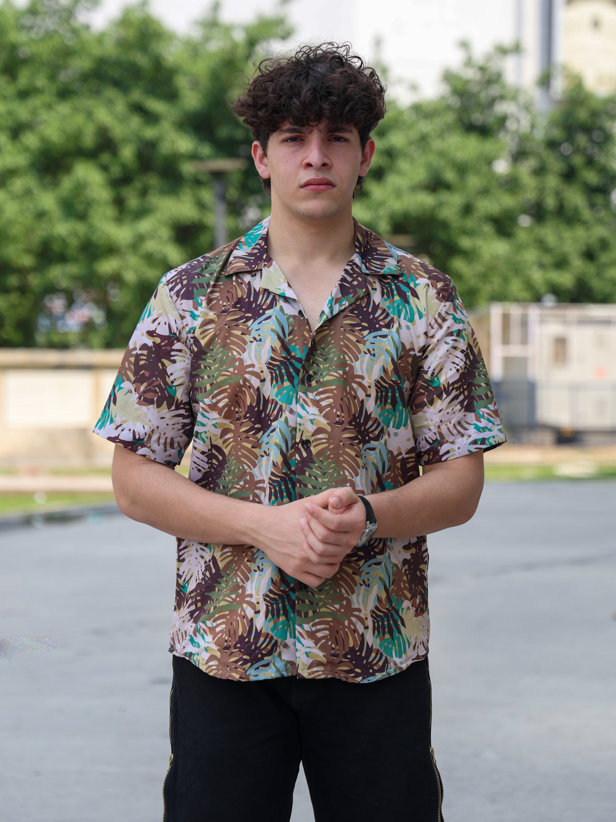 Multicolour Autumn Leaves Printed Aloha Shirt ( New )