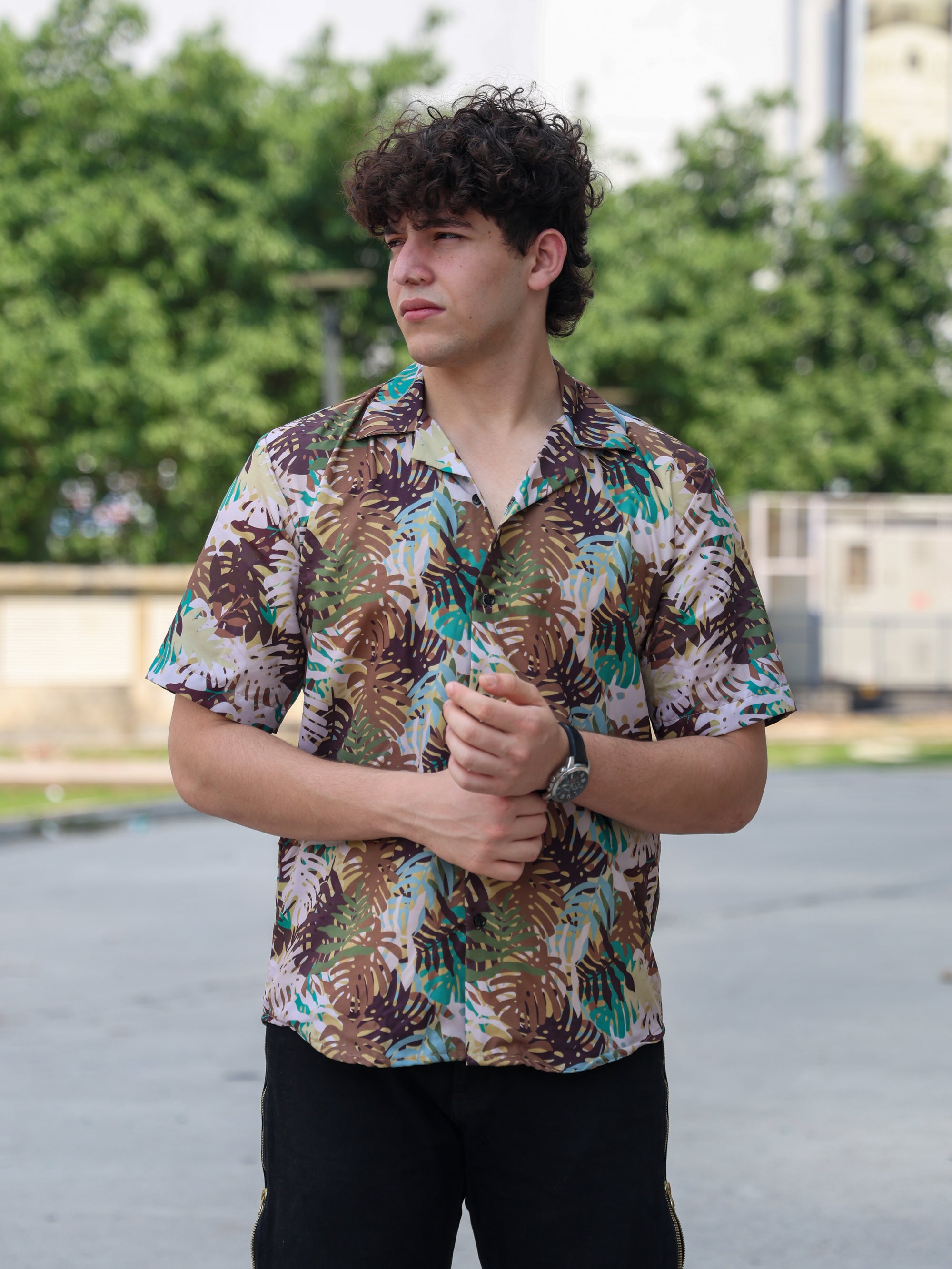 Multicolour Autumn Leaves Printed Aloha Shirt ( New )