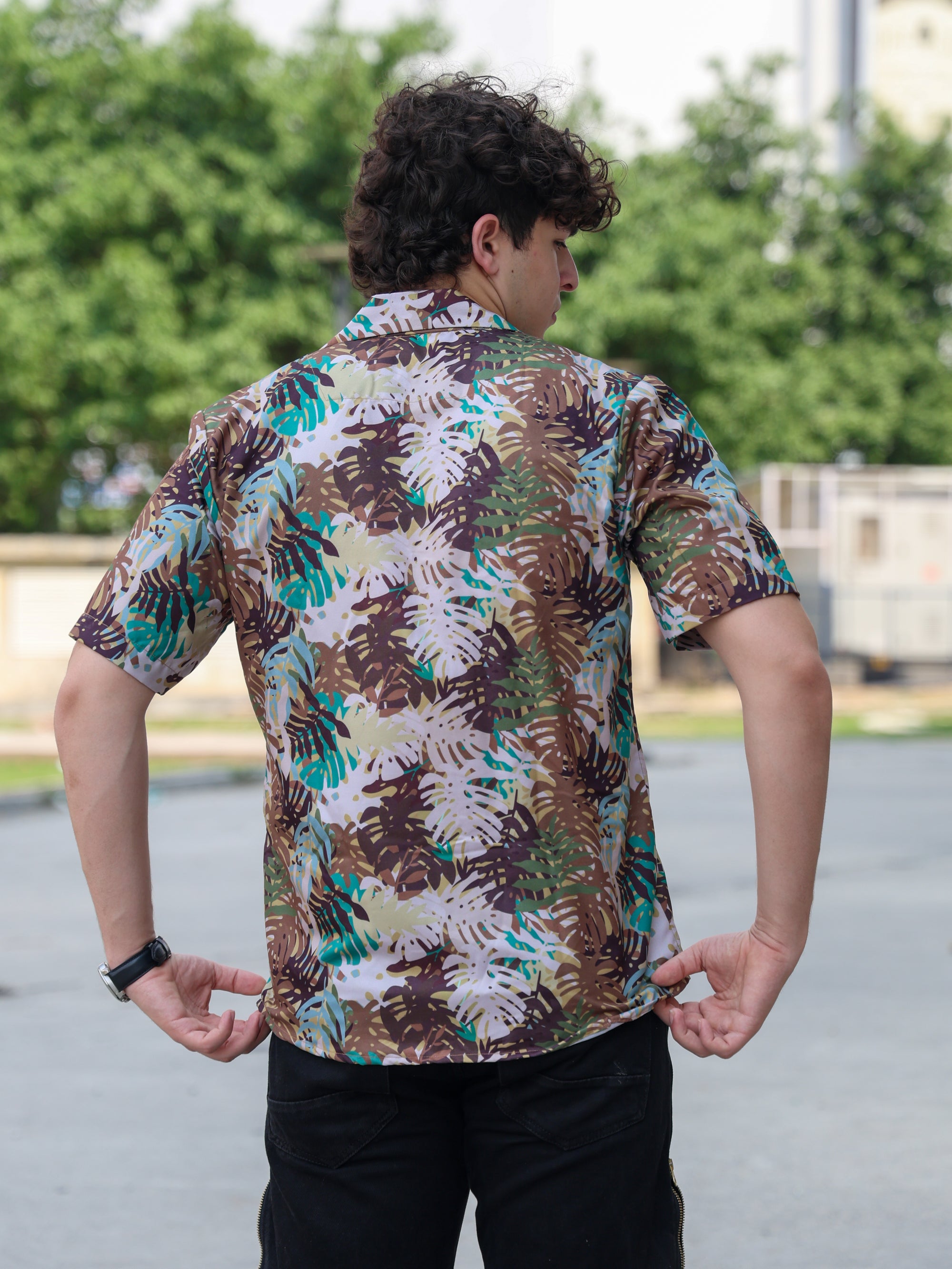 Multicolour Autumn Leaves Printed Aloha Shirt ( New )